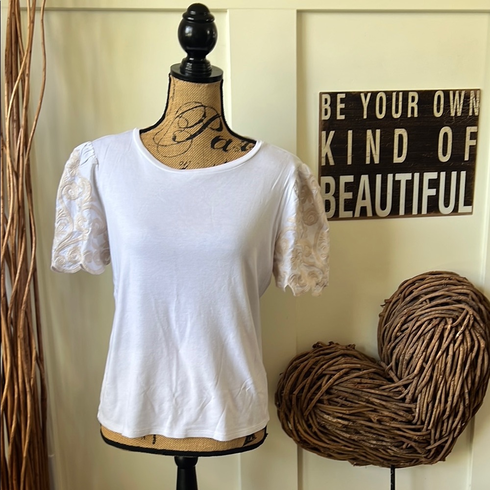 Catherine Malandrino White Fitted Puff Sleeve Tee